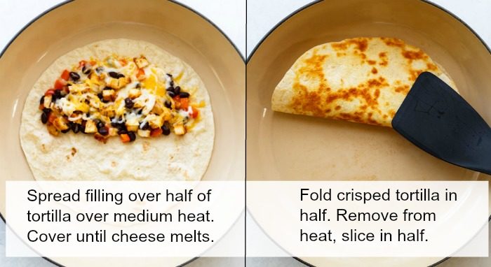 2 pans side by side showing process of finishing cooking quesadillas.