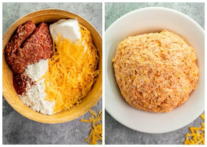 A bowl of pre-mixed ingredients for spicy sausage bites next to a shot of it mixed together in a big ball. 