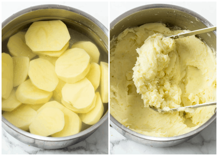 Sliced potatoes in water next to a pot of mashed potatoes.