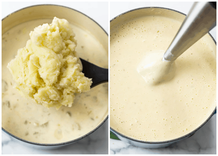 Adding mashed potatoes to broth for creamy Chicken Pot Pie Soup.