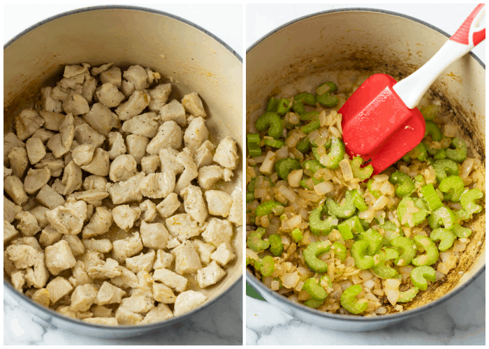 A soup pot with cooked chicken and sauted onions and celery for chicken pot pie soup.