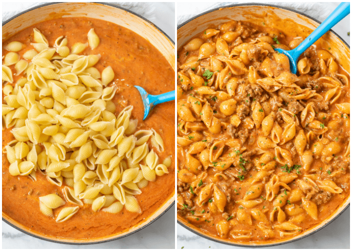 Adding pasta shells to a creamy tomato sauce to make Creamy Beef and Shells