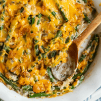 Paula Deen's Green Bean Casserole in a white baking dish.